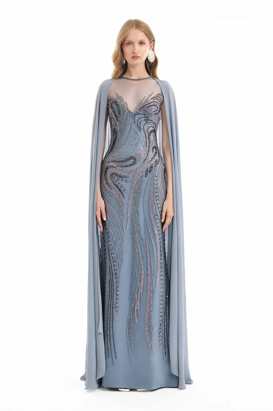 Fitted Beaded Dress with Sheer Neckline