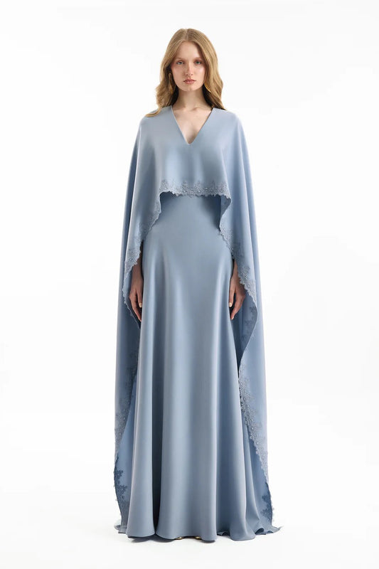 V-Neck Dress with Embroidered Cape