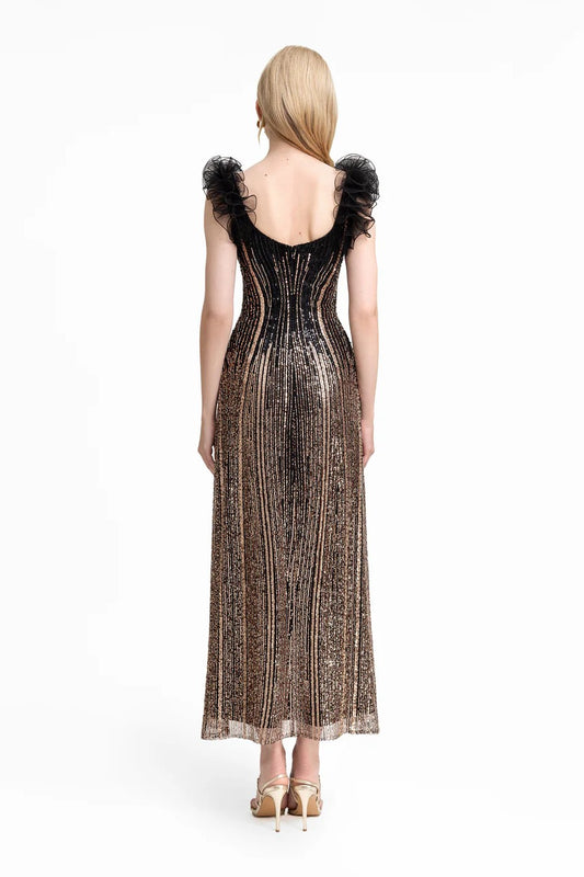 Beaded Tulle Dress with Ruffled Shoulders