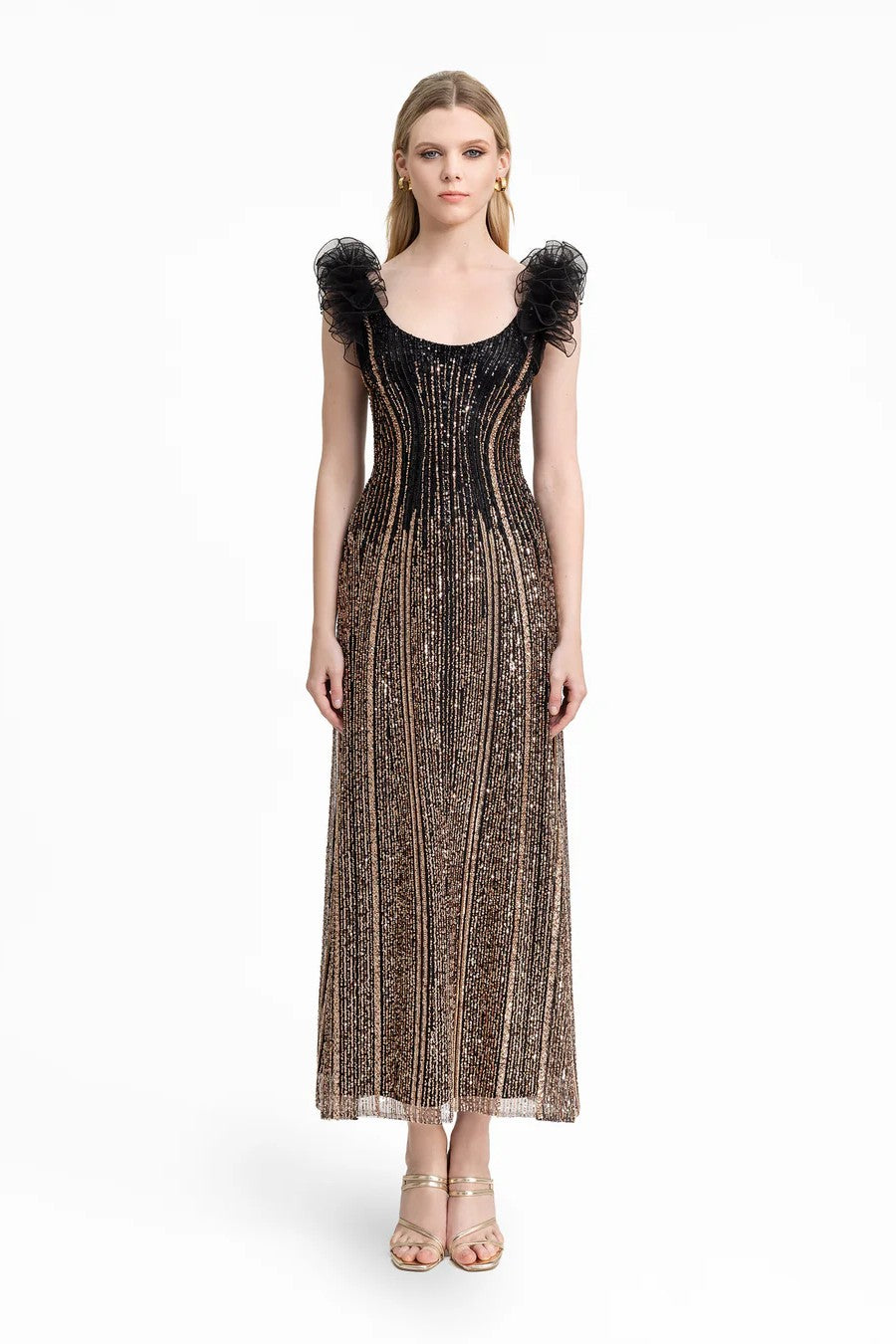 Beaded Tulle Dress with Ruffled Shoulders