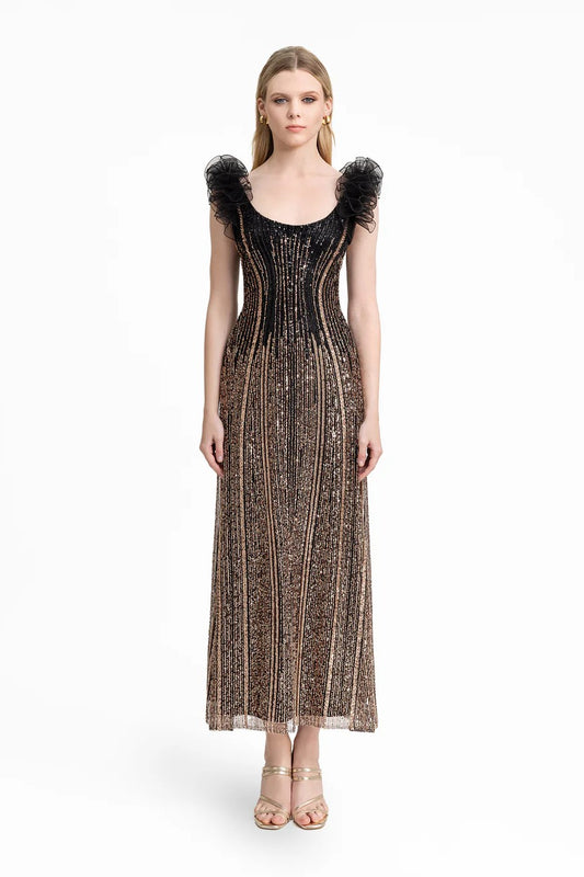 Beaded Tulle Dress with Ruffled Shoulders