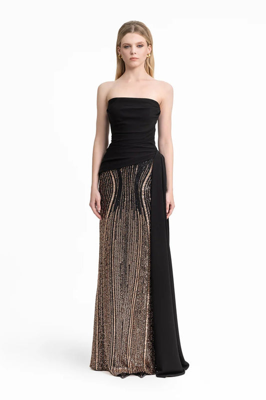 Strapless Draped Dress with Beaded Overskirt