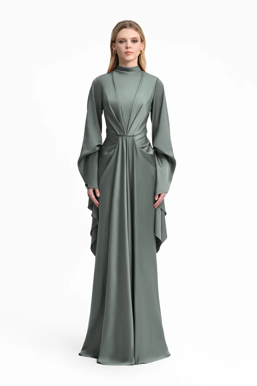 Draped Waist Dress with Ruffled Sleeves