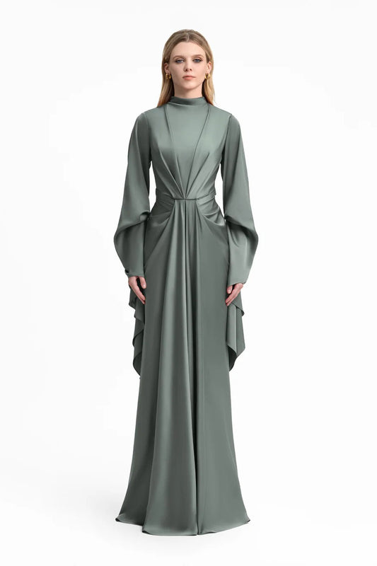 Draped Waist Dress with Ruffled Sleeves