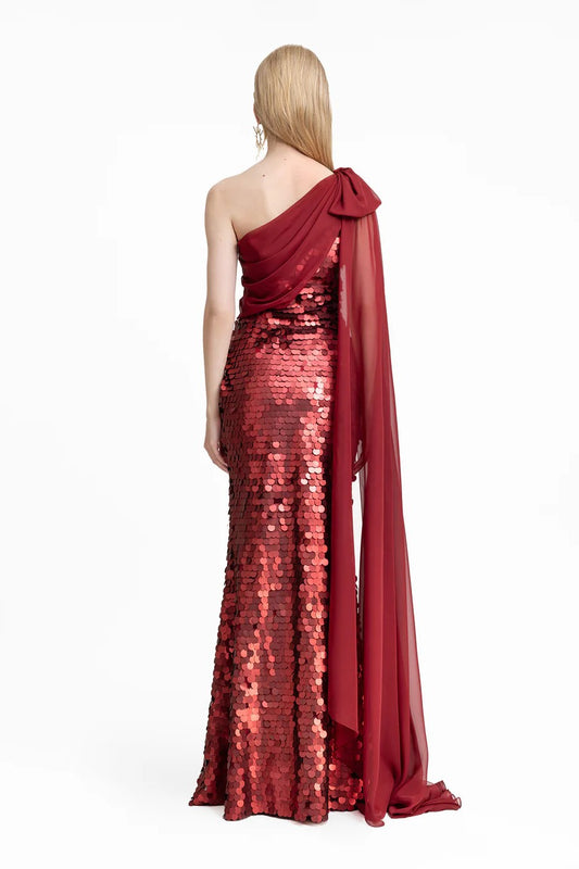 Sequin Dress with Cape Sleeve & Bow