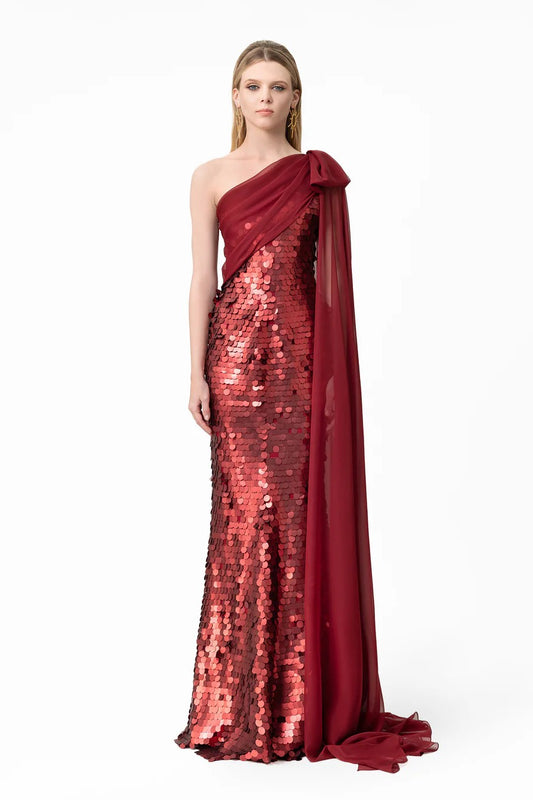 Sequin Dress with Cape Sleeve & Bow