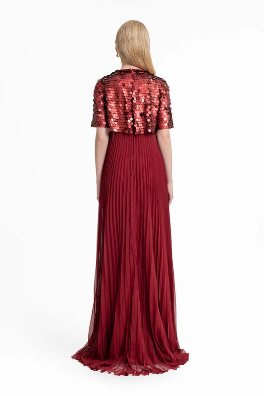 Halter Plissé Dress with Bow and Bolero Sleeves