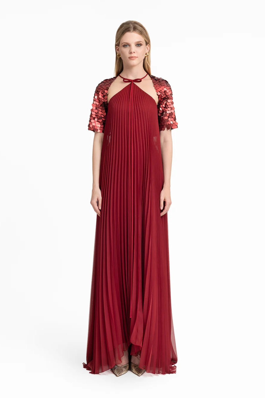 Halter Plissé Dress with Bow and Bolero Sleeves