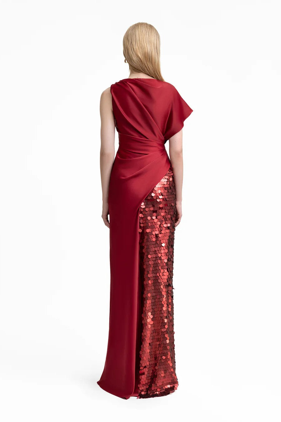 Asymmetrical Satin Dress with Slit and Sequins