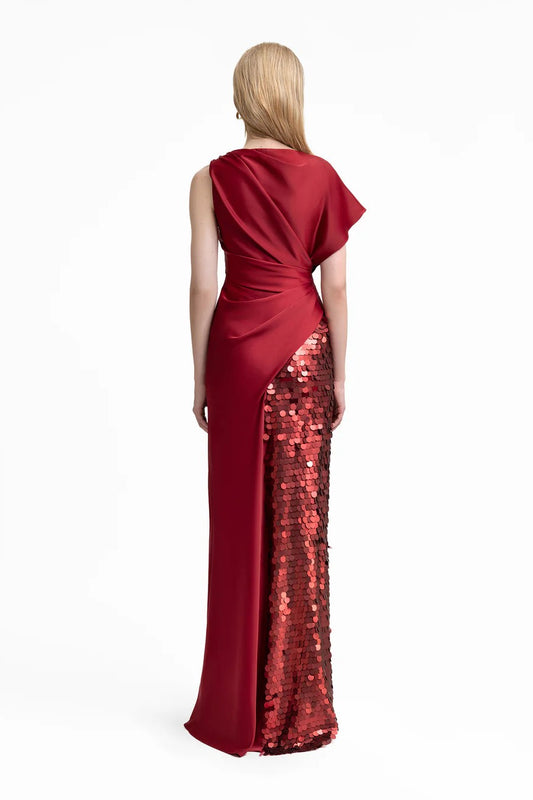 Asymmetrical Satin Dress with Slit and Sequins