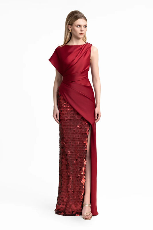 Asymmetrical Satin Dress with Slit and Sequins