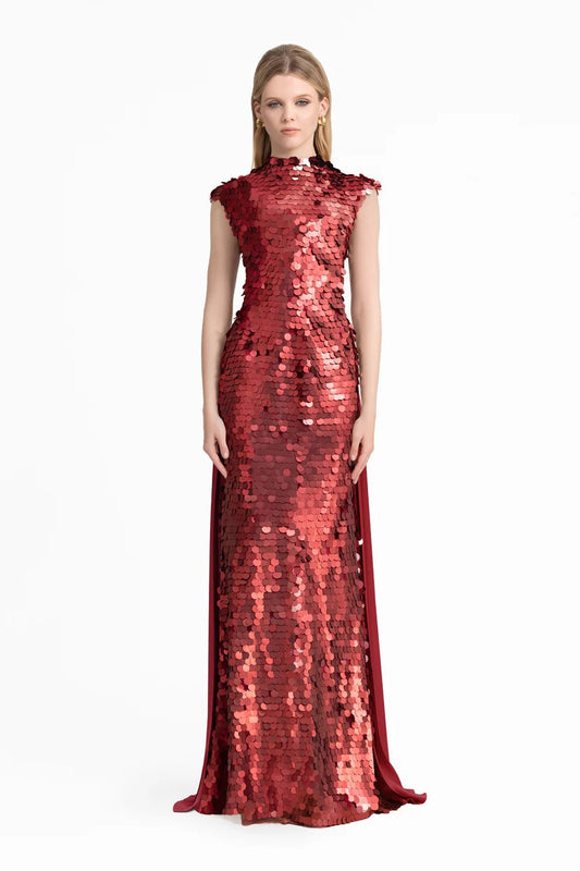 Sequin Dress with Plissé Cape