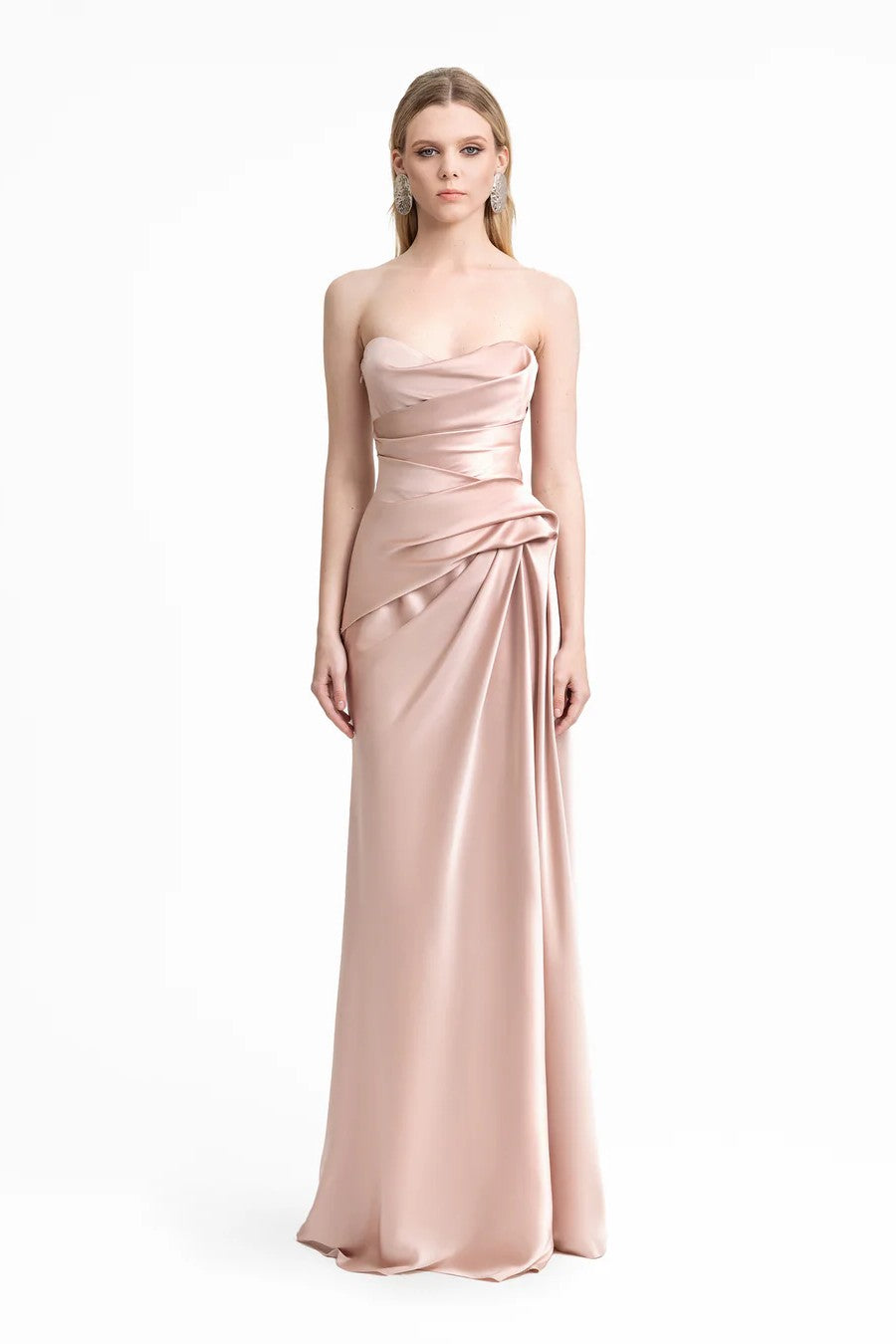 Strapless Asymmetrical Draped Satin Dress