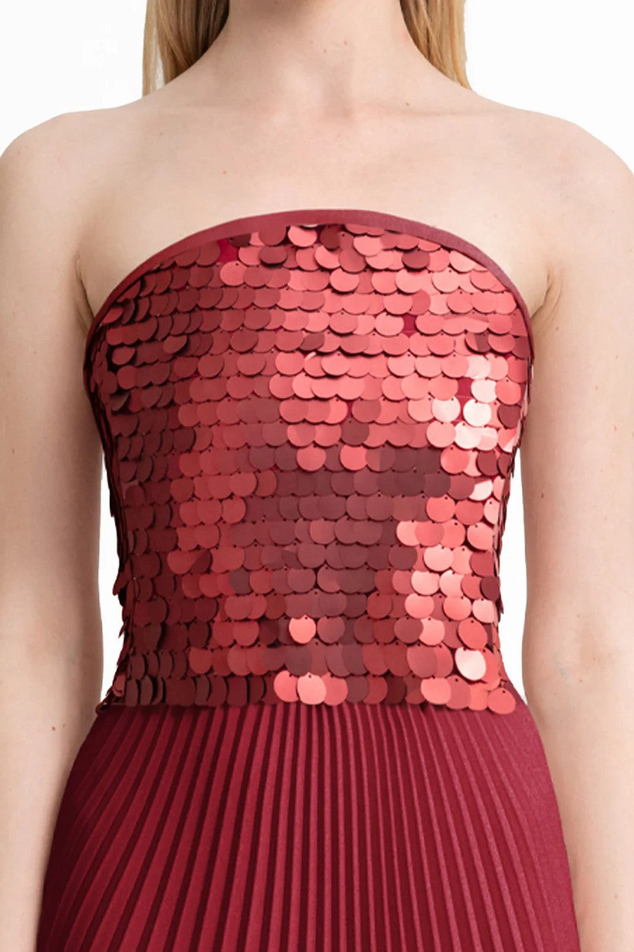 Strapless Sequin Bodice Dress with Plissé Skirt