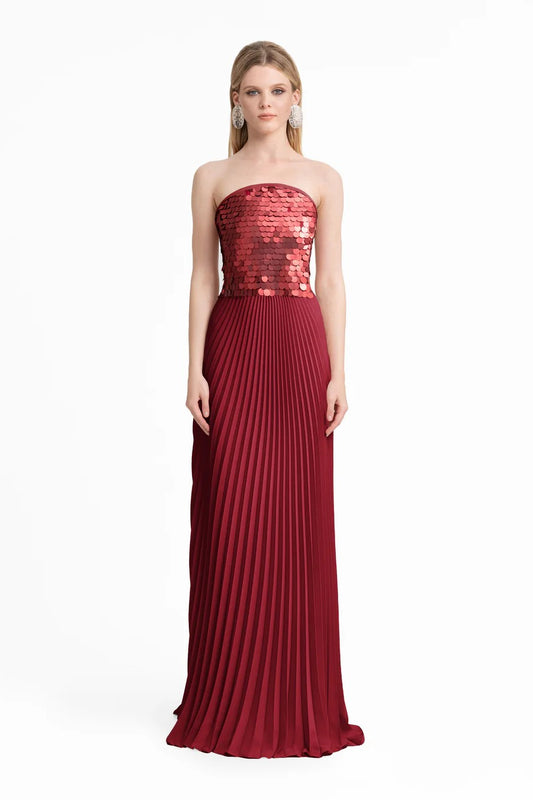 Strapless Sequin Bodice Dress with Plissé Skirt