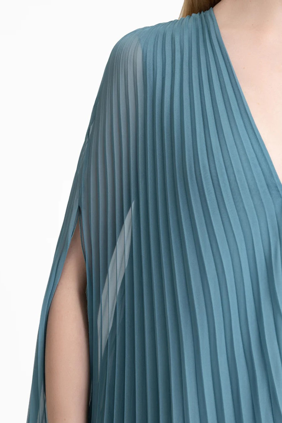 Plissé V-Neck Dress with Cape Sleeves
