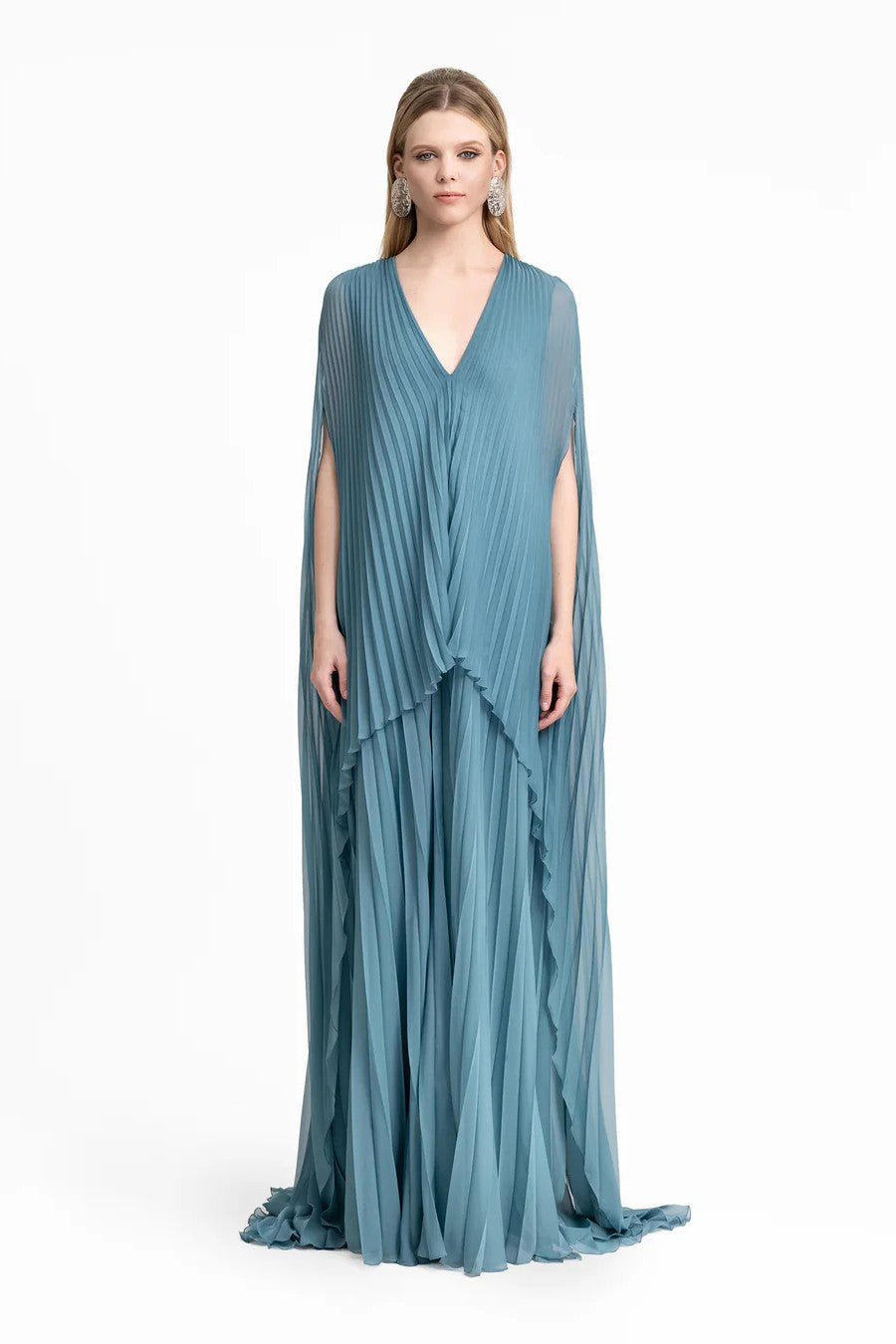 Plissé V-Neck Dress with Cape Sleeves