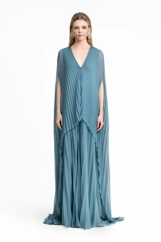 Plissé V-Neck Dress with Cape Sleeves