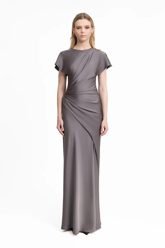 Asymmetrical Draped Satin Dress