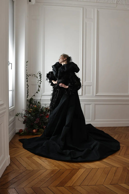 Organza Gown with Embroidered Taffeta Cape