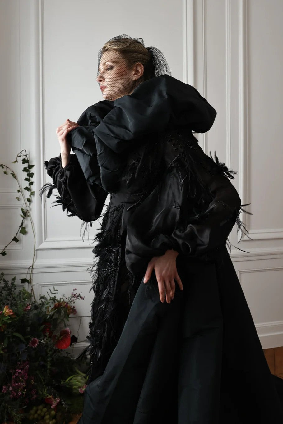 Organza Gown with Embroidered Taffeta Cape