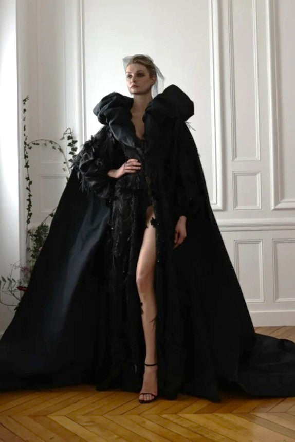 Organza Gown with Embroidered Taffeta Cape