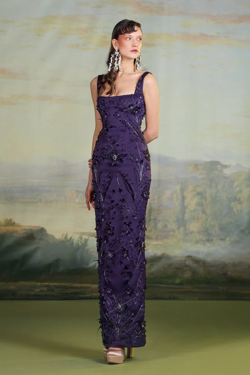 Sleeveless Embroidered Column Gown