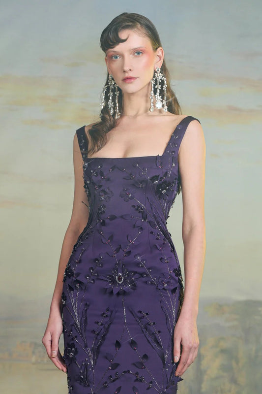 Sleeveless Embroidered Column Gown