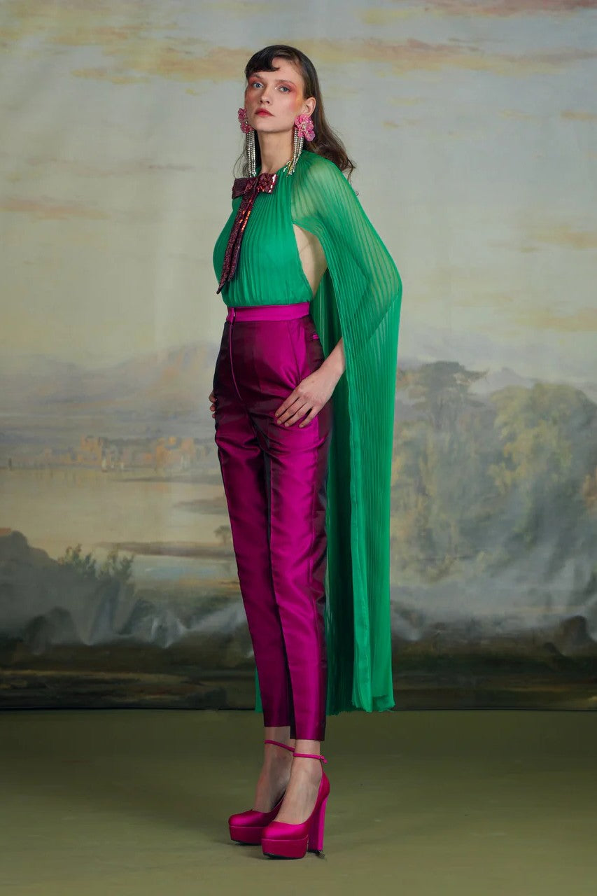 Cape Blouse with High-Rise Trousers