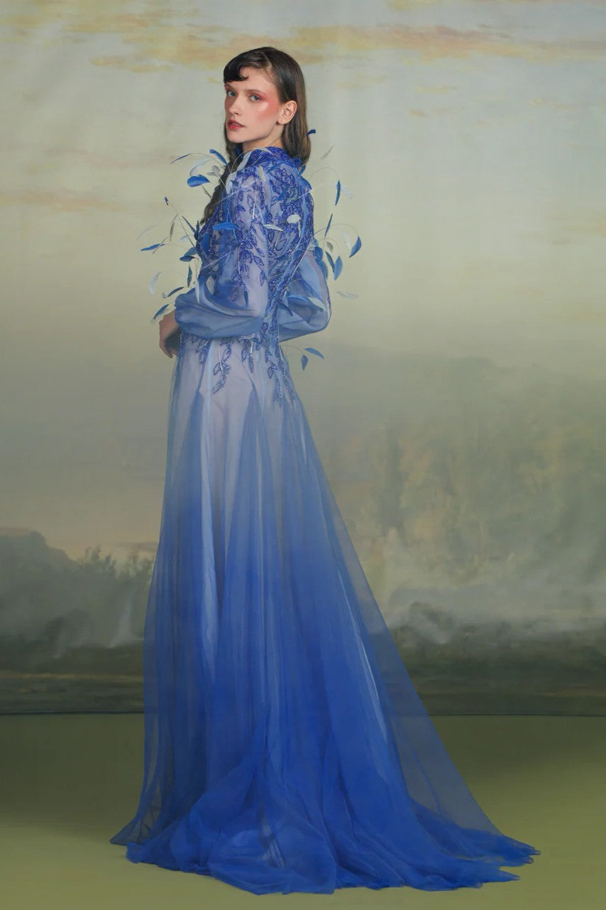 Long Sleeve Feather Plume Gown