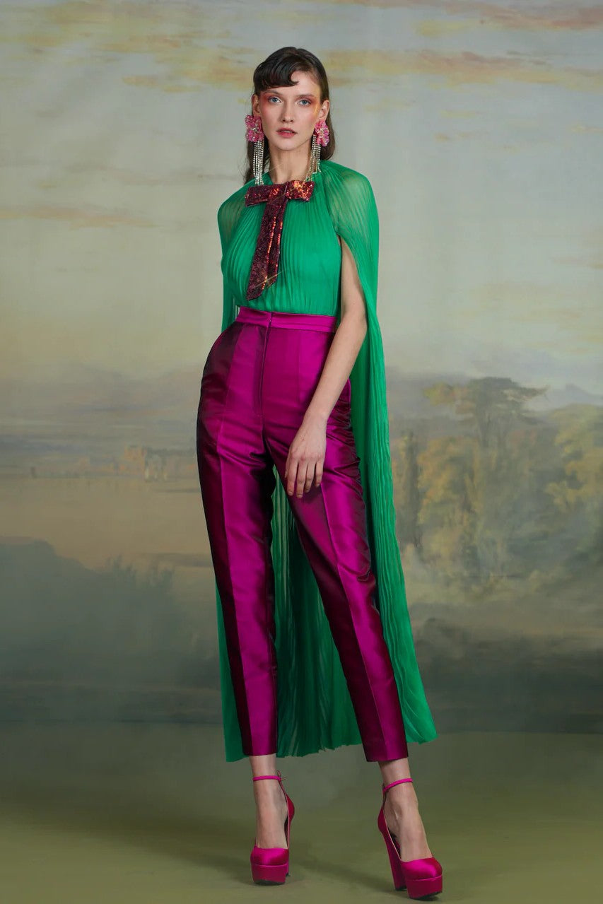 Cape Blouse with High-Rise Trousers