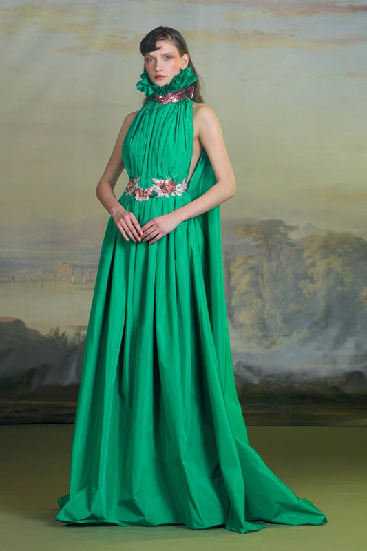 Halter-Neck Embroidered Cape Gown