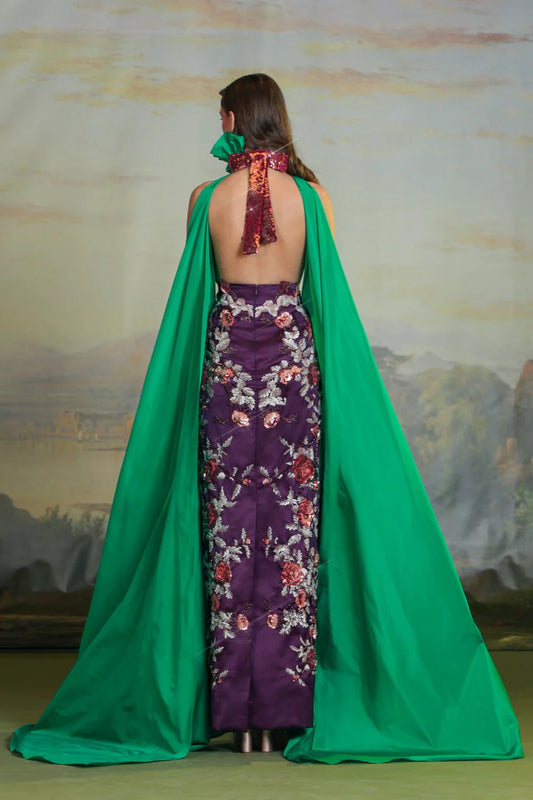 Halter-Neck Embroidered Cape Gown