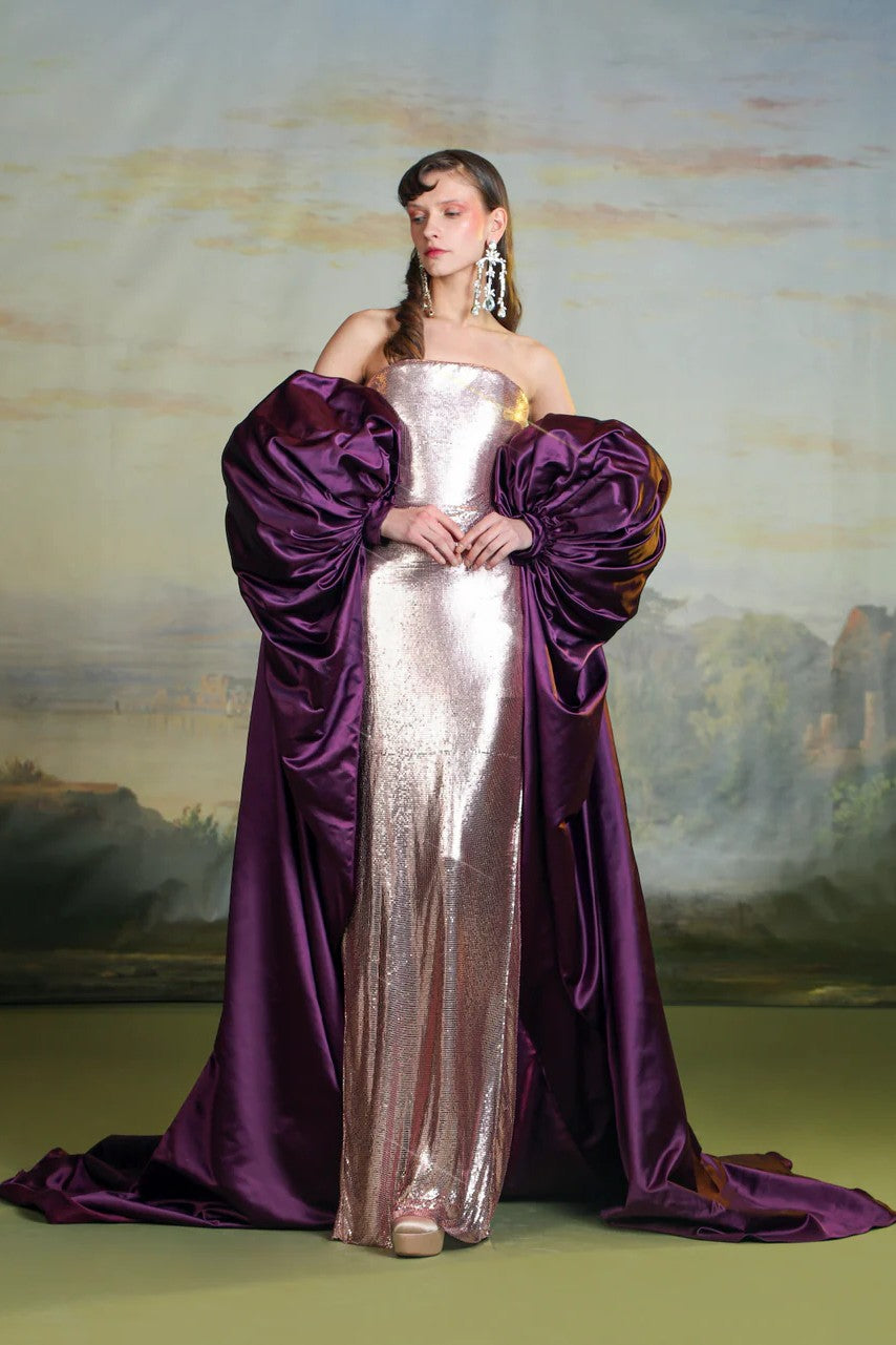 Strapless Sequin Gown with Opera Cape