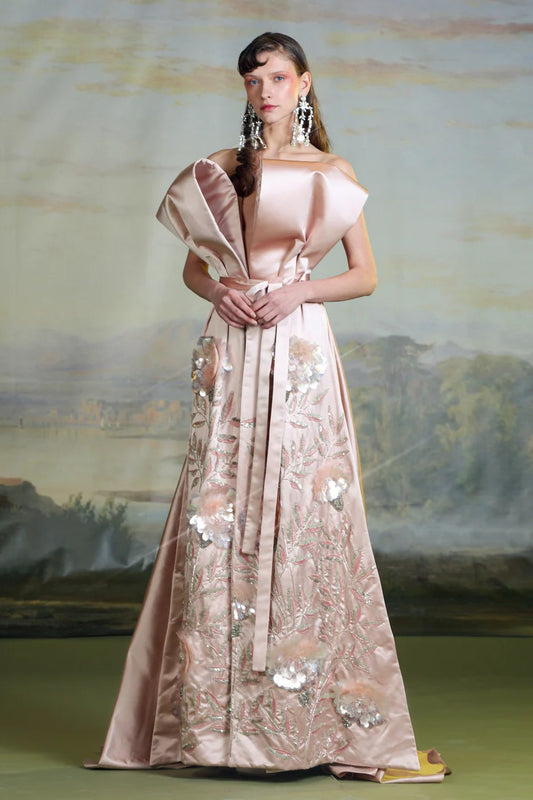Strapless Floral Satin Gown