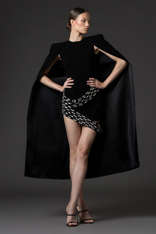 Embroidered Short Black Crêpe Dress