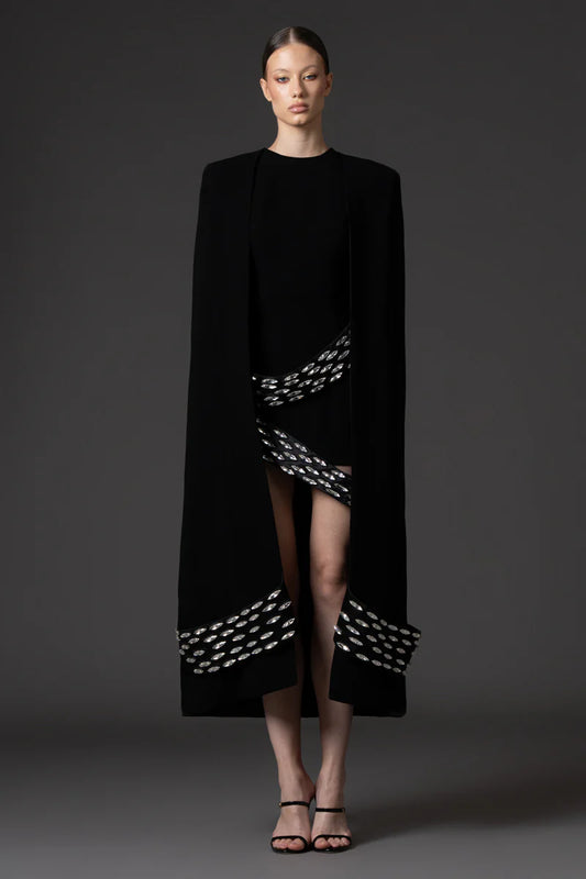 Embroidered Short Black Crêpe Dress