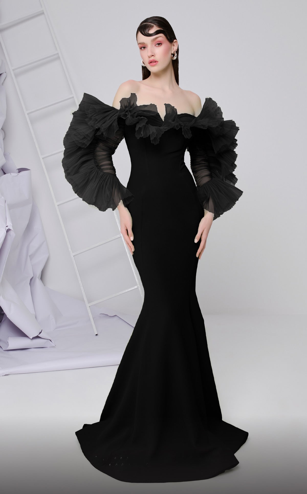 Ruffled Long Sleeve Off Shoulder Gown