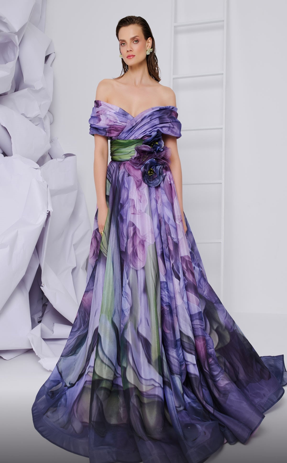 Printed A-Line Off the Shoulder Gown