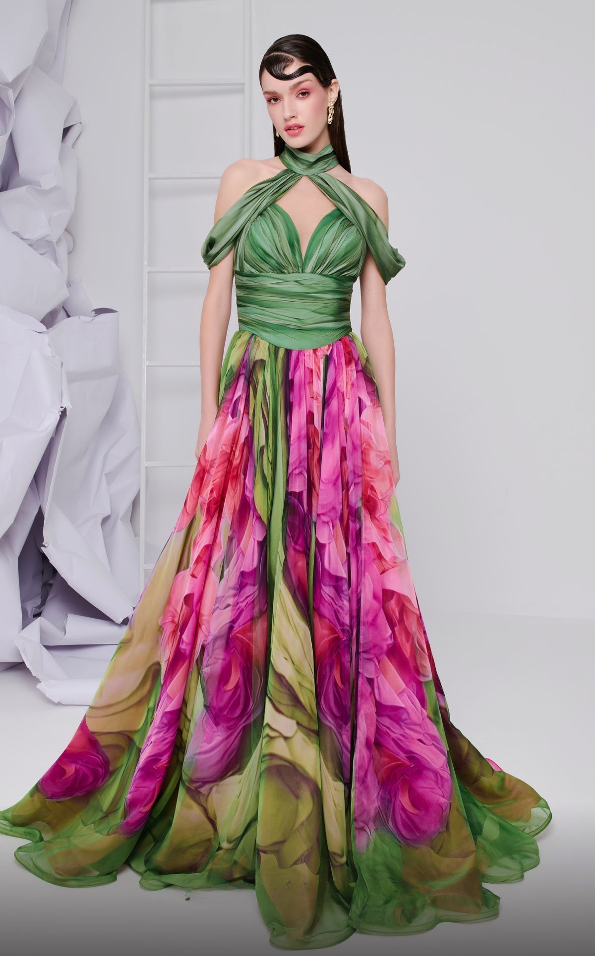 Cold Shoulder Floral Print Gown