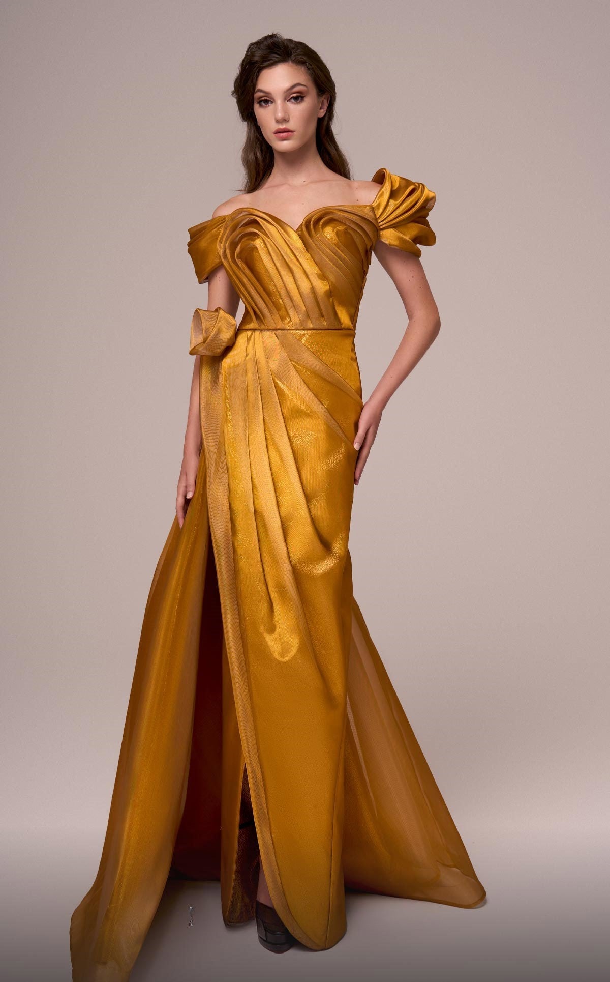 Pleated Sweetheart Off Shoulder Gown