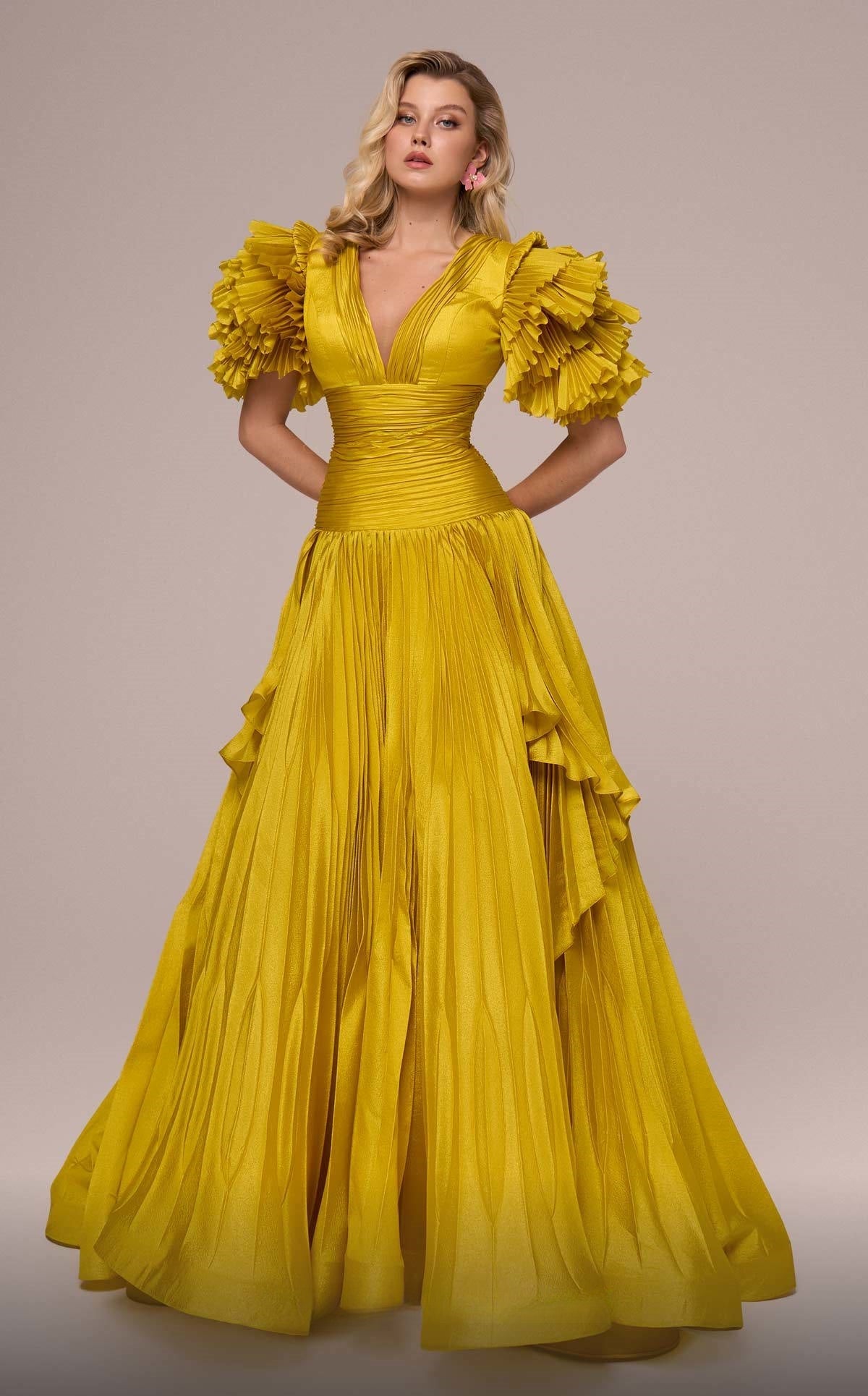 Ruffled Short Sleeve Pleated A-Line Gown