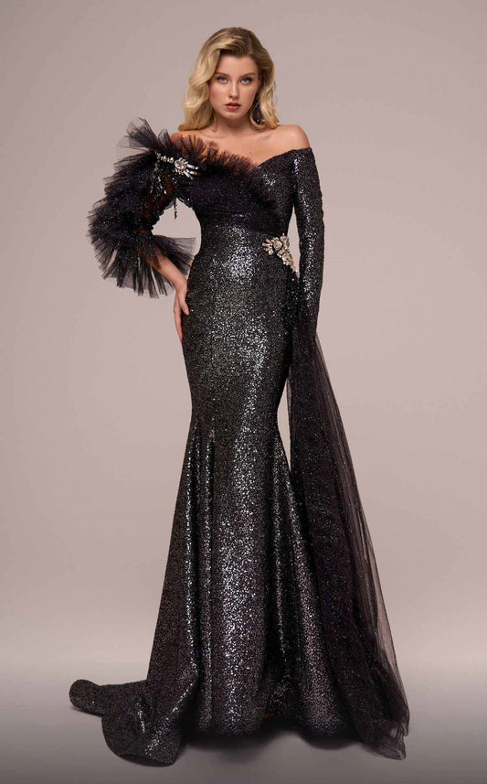 Ruffled Off Shoulder Long Sleeve Mermaid Gown