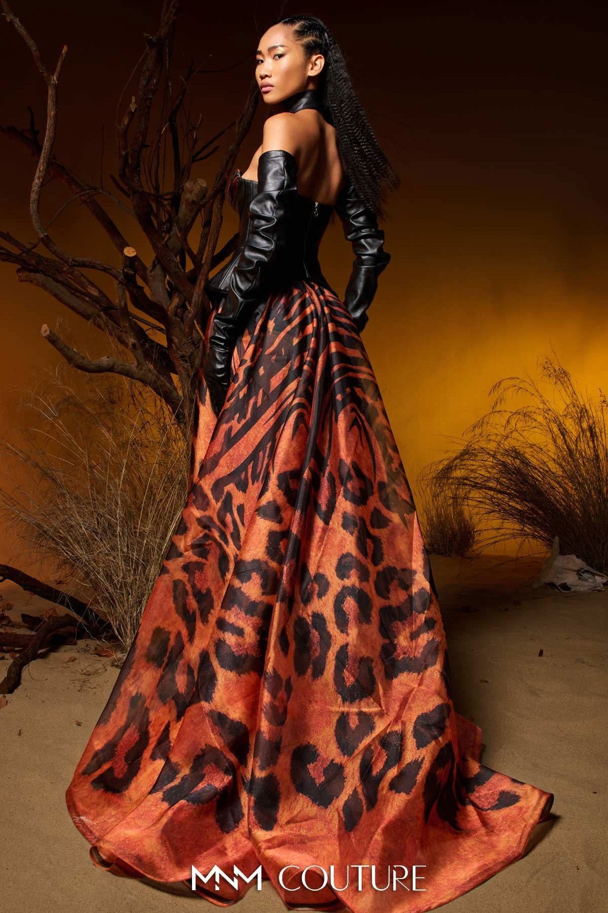 Edgy Black Leather & Chiffon Gown