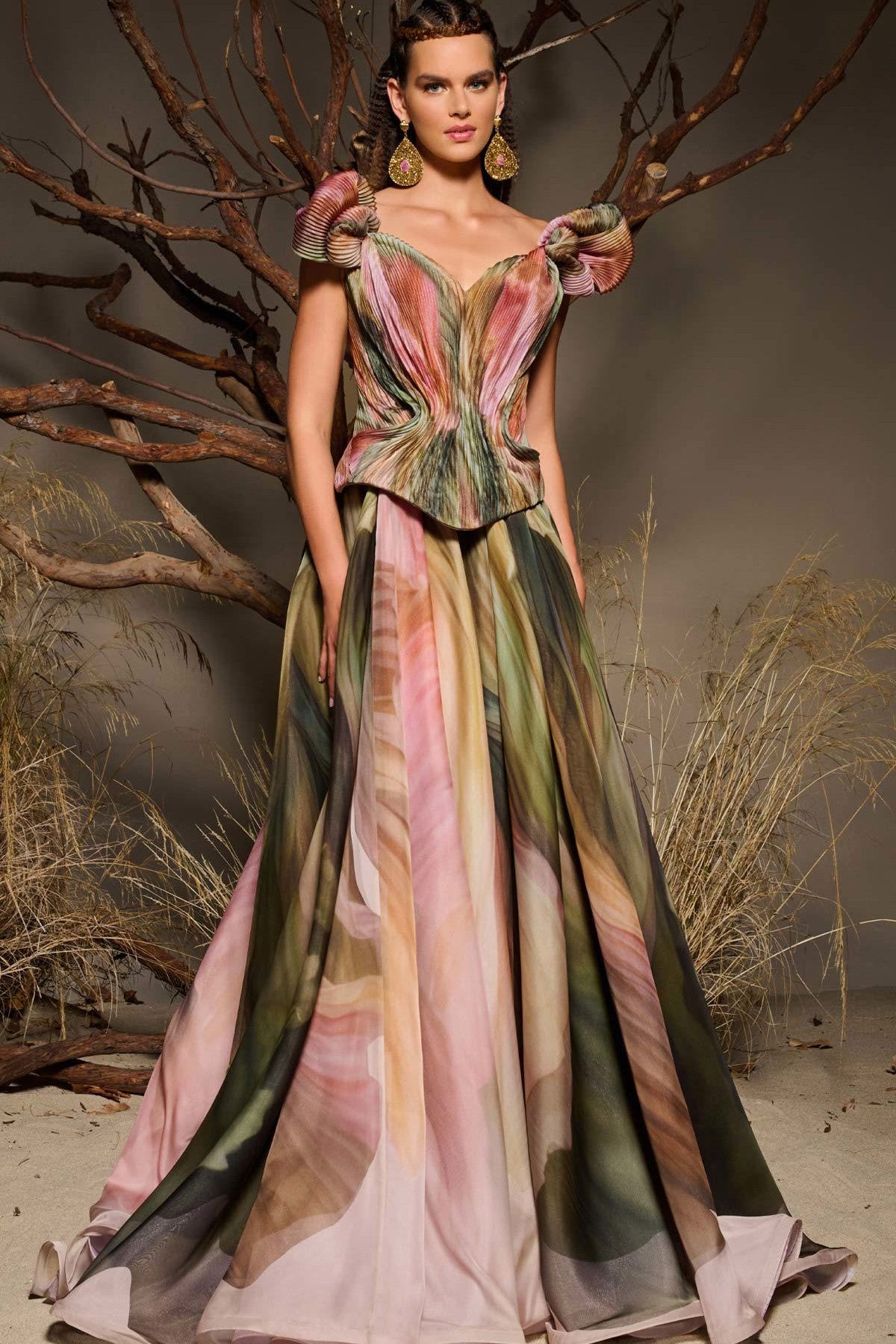 Printed Chiffon Peplum A-Line Gown