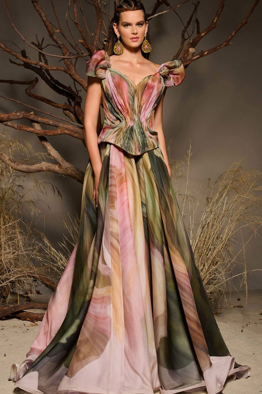 Printed Chiffon Peplum A-Line Gown