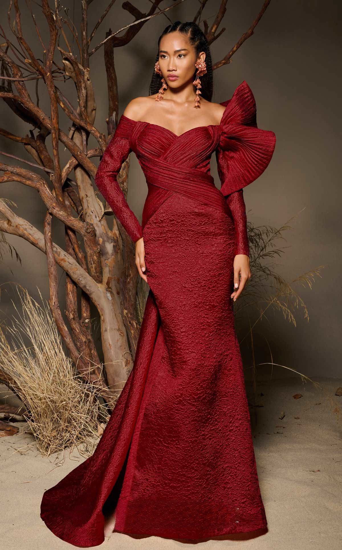 Red Textured Jacquard Gown