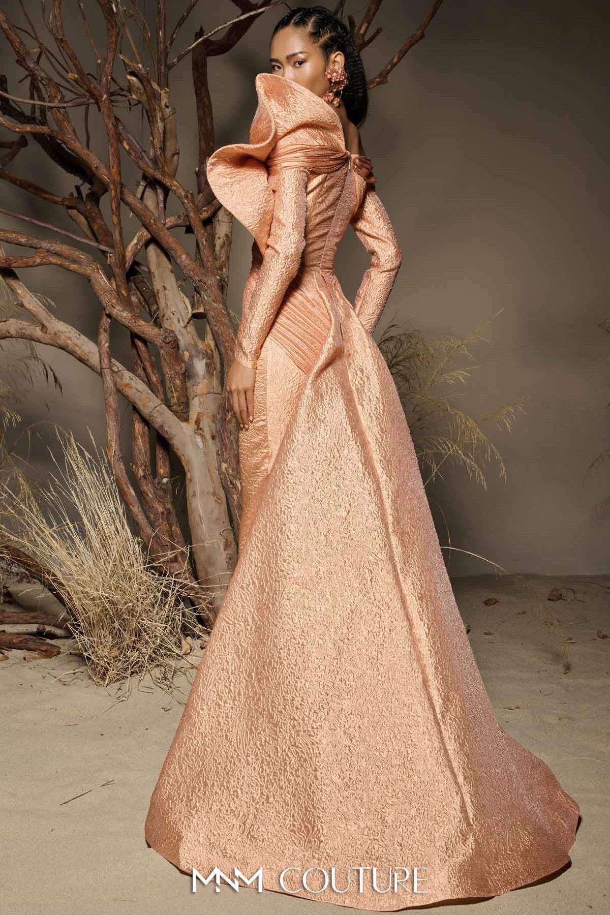Peach Textured Jacquard Gown