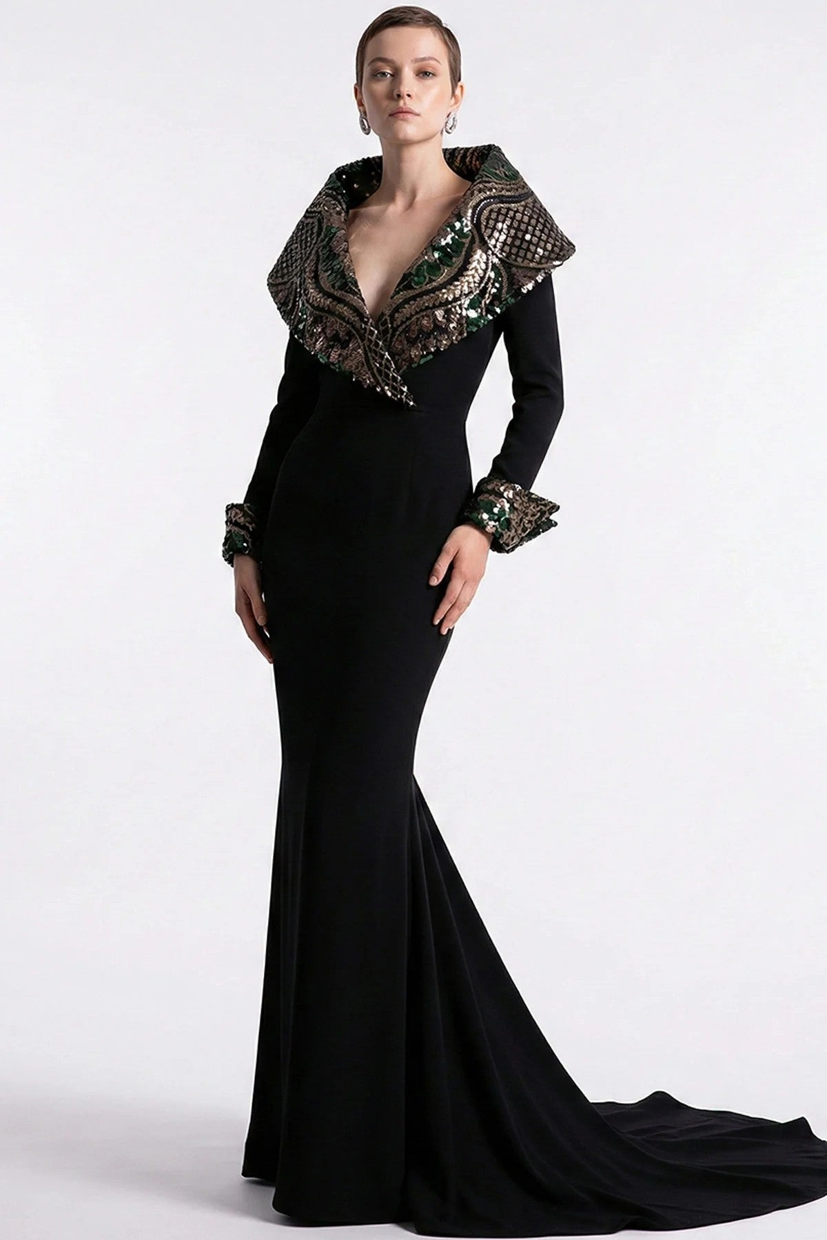 Black Embellished Collar Gown