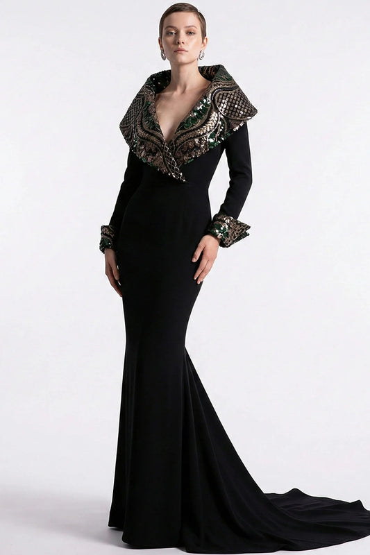 Black Embellished Collar Gown